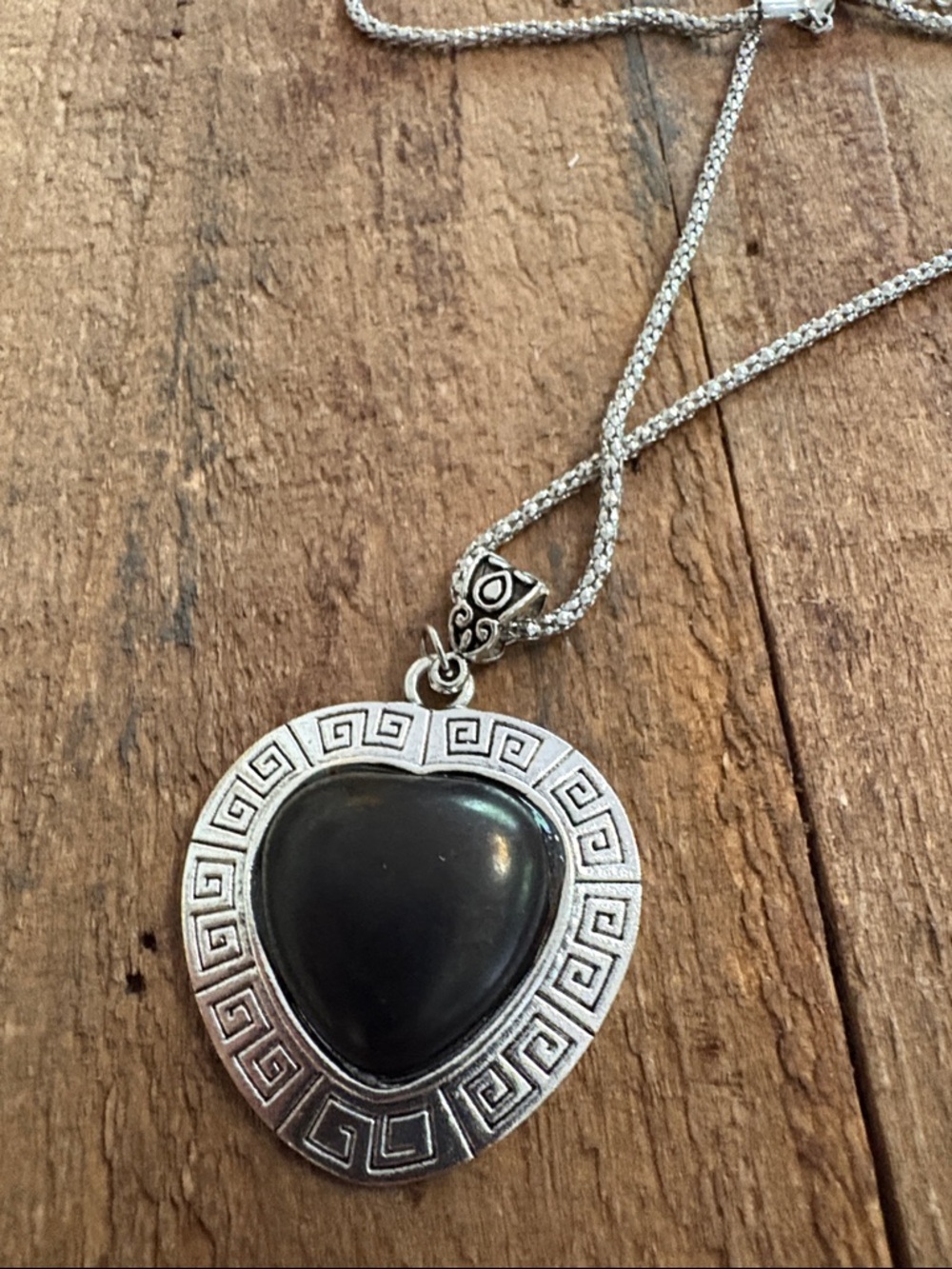 Silver Tone Heart Pendant Necklace with Black Stone